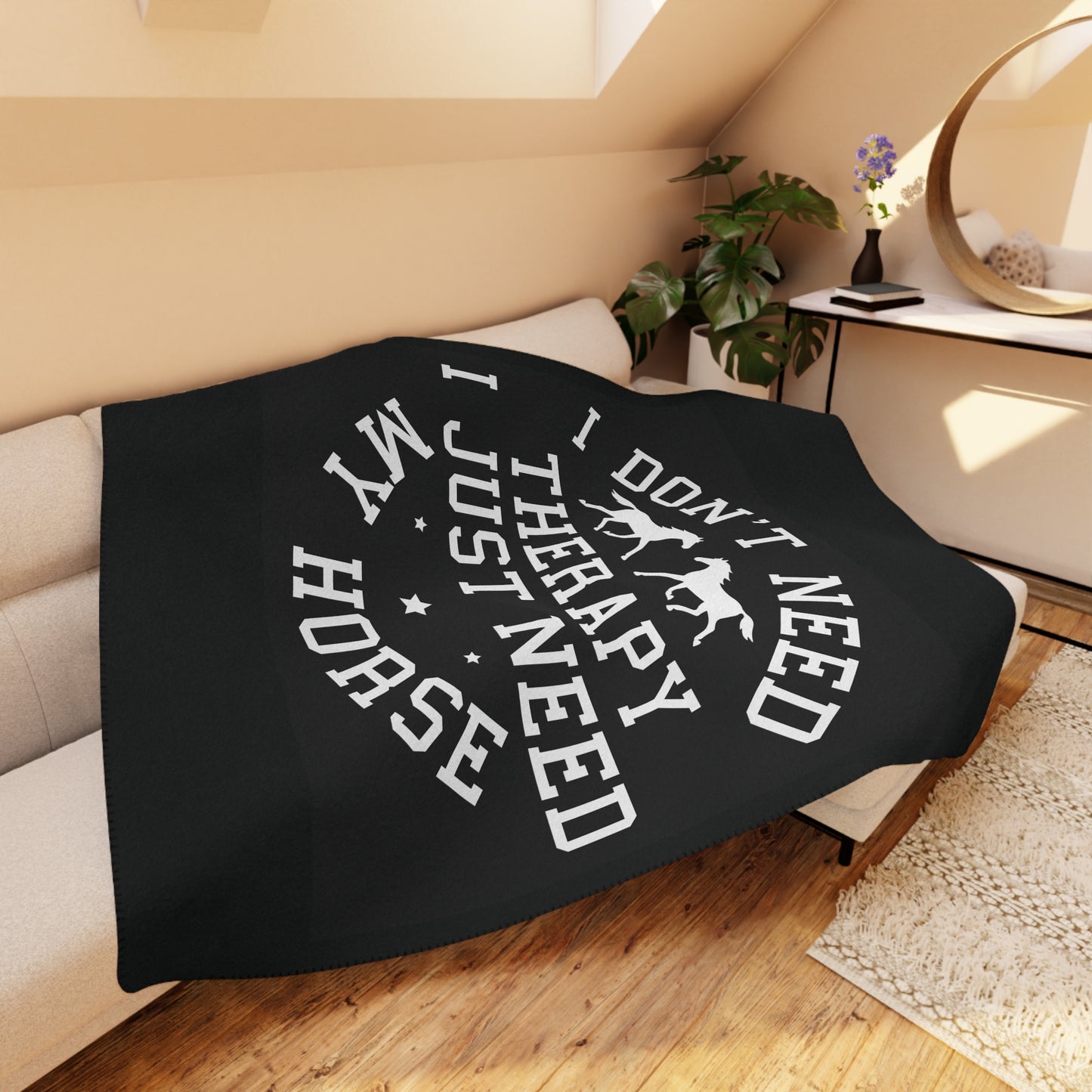 Horse Lover Sherpa Blanket — “I Don’t Need Therapy I Just Need My Horse” Cozy Tan Throw