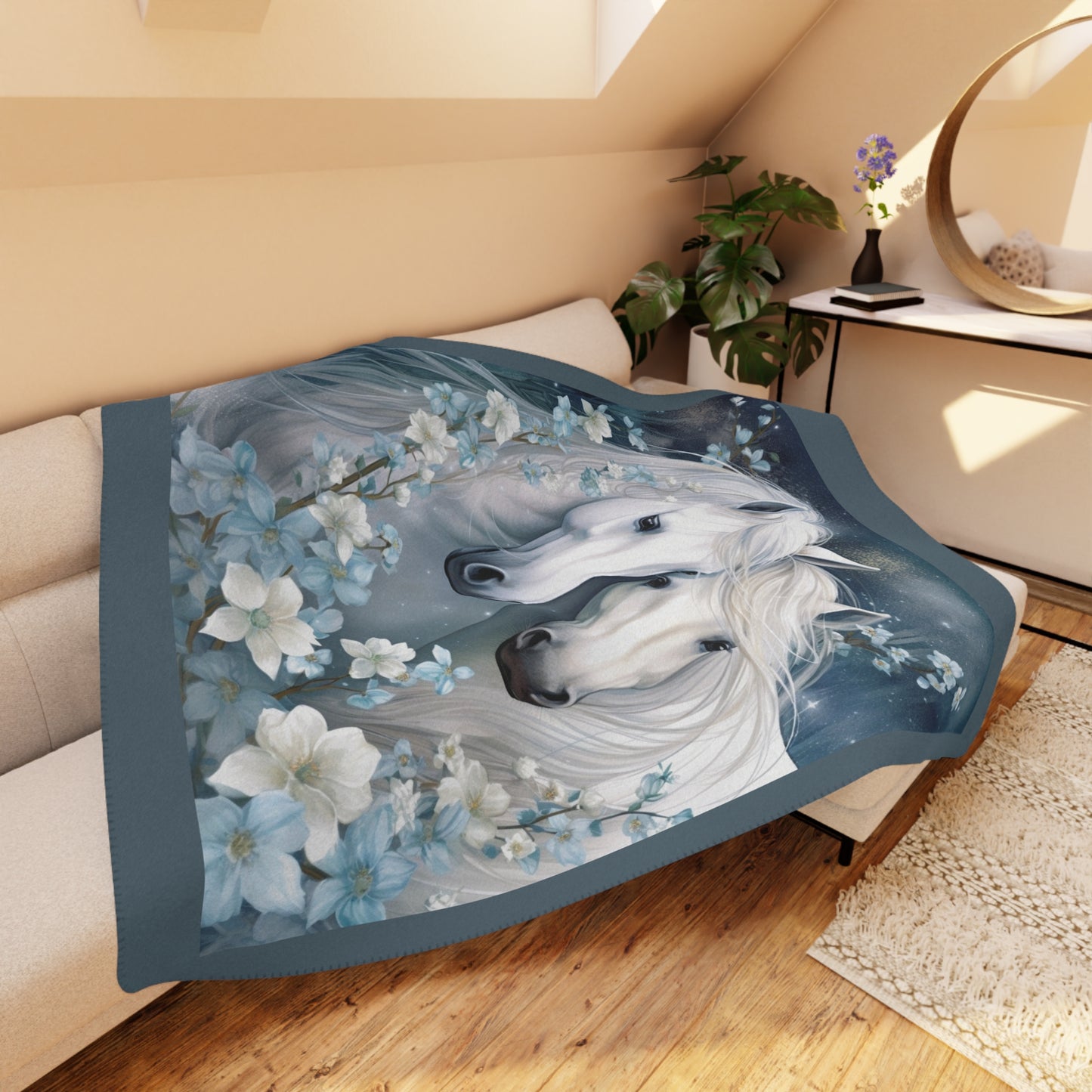 White Horses Floral Throw Blanket — Tan Sherpa Fleece