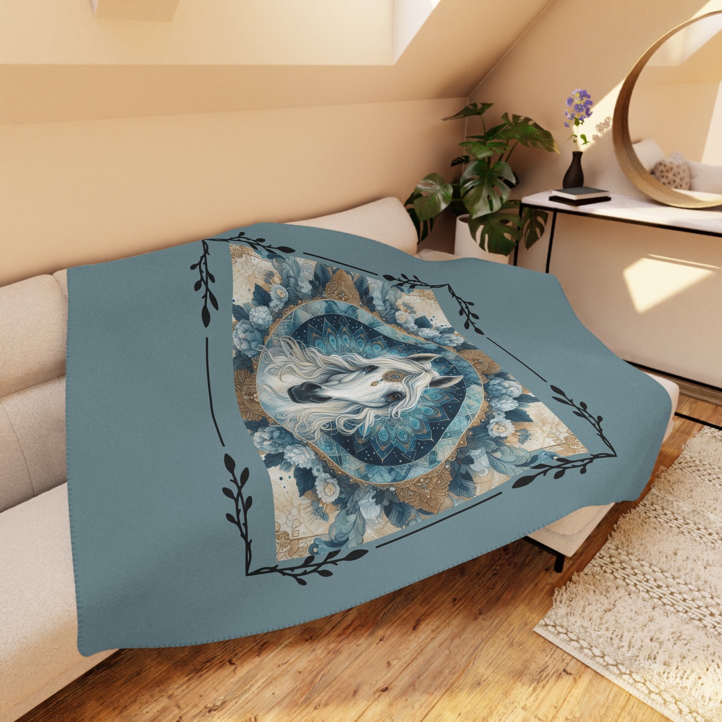 Mystic White Horse Tan Sherpa Blanket — Cozy Boho Horse Mandala Throw