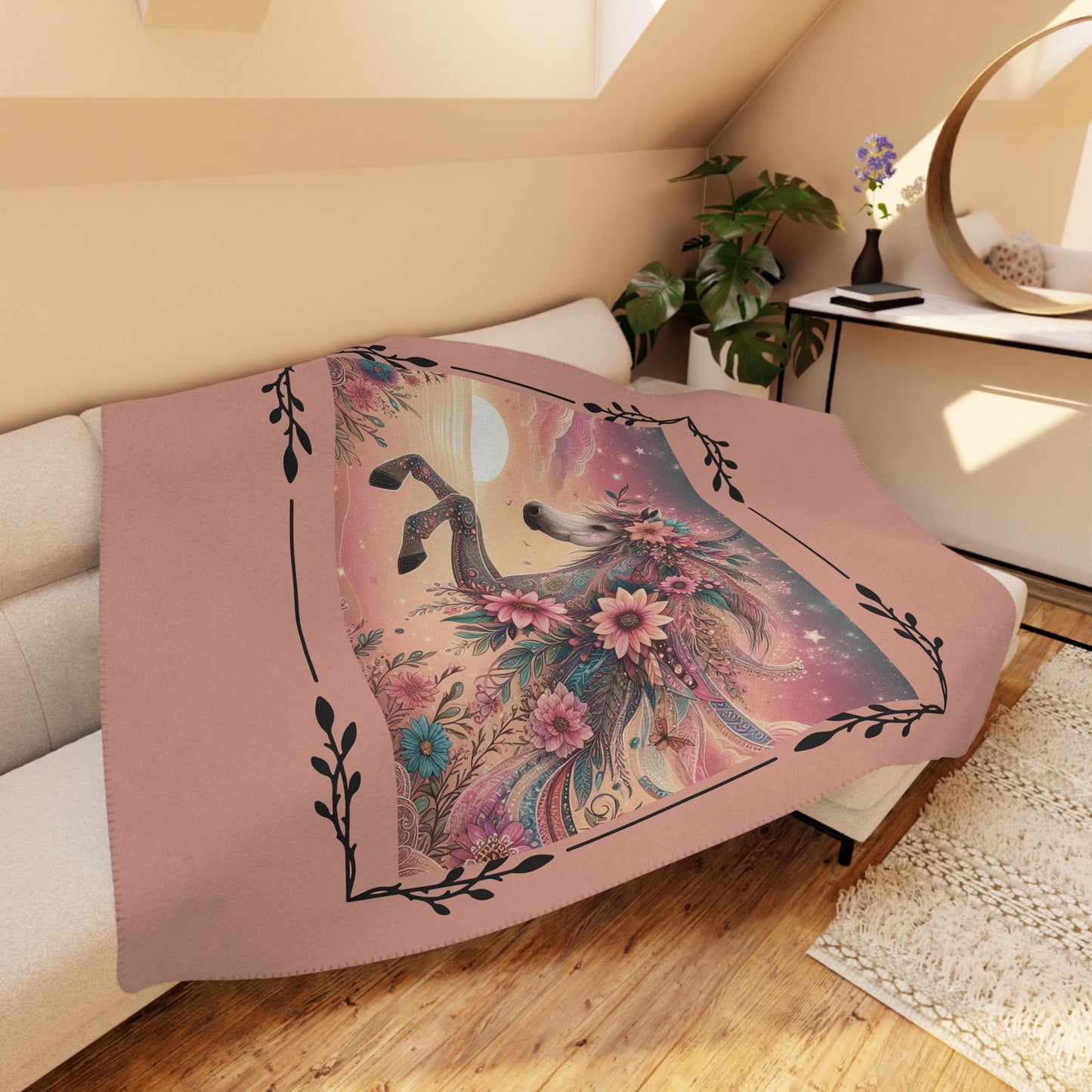 Floral Unicorn Sherpa Blanket — Cozy Tan Plush Throw with Whimsical Flower Mane
