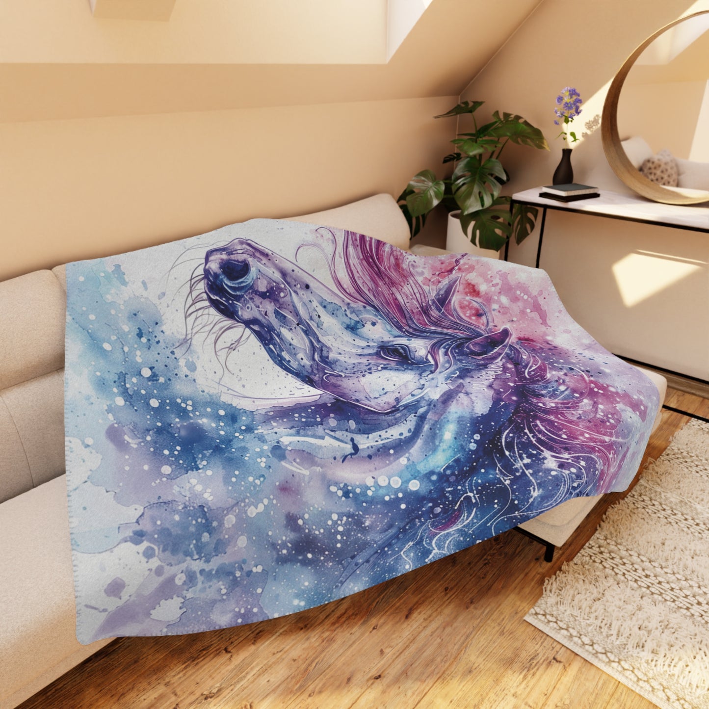 Watercolor Horse Sherpa Blanket — Cozy Tan Throw for Horse Lovers