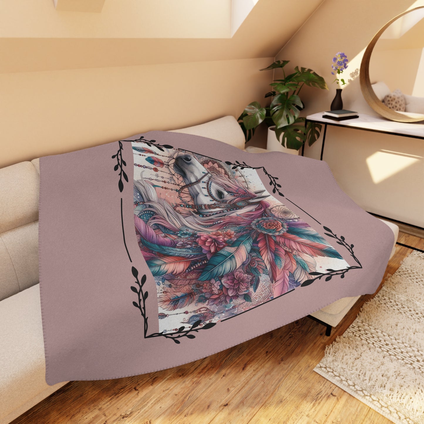 Boho Dreamcatcher Horse Tan Sherpa Blanket