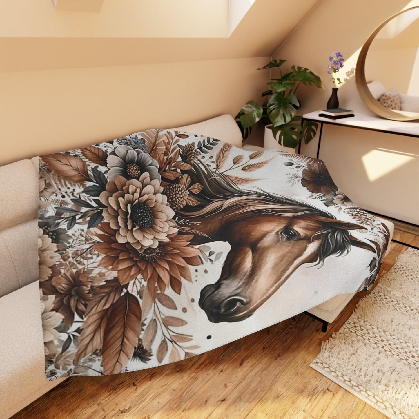 Tan Horse Floral Sherpa Blanket