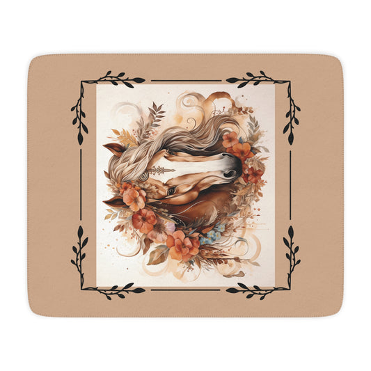 Boho Horse Floral Tan Sherpa Blanket – Cozy Western Throw for Equestrian Lovers