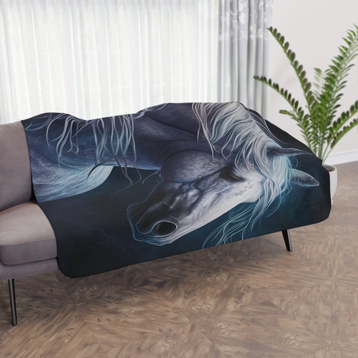 Mystic White Horse Sherpa Blanket — Cozy Tan Plush Throw for Horse Lovers