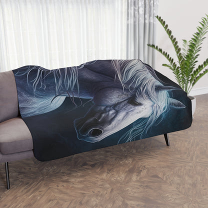 Mystic White Horse Sherpa Blanket — Cozy Tan Plush Throw for Horse Lovers