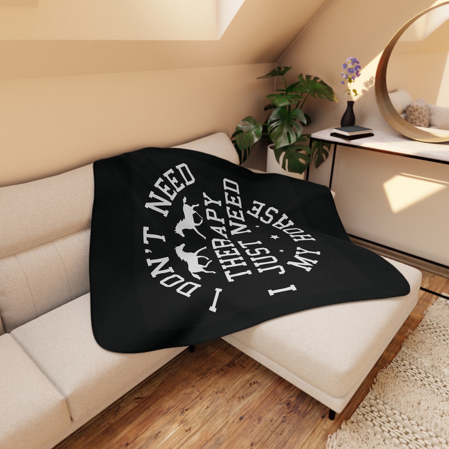Horse Lover Sherpa Blanket — “I Don’t Need Therapy I Just Need My Horse” Cozy Tan Throw