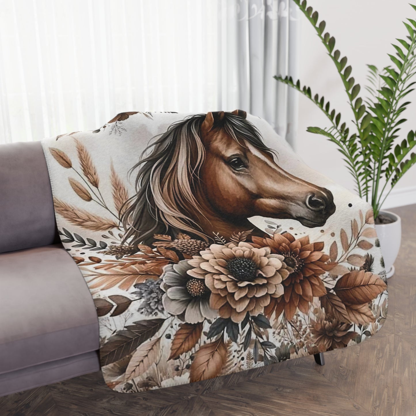 Tan Horse Floral Sherpa Blanket