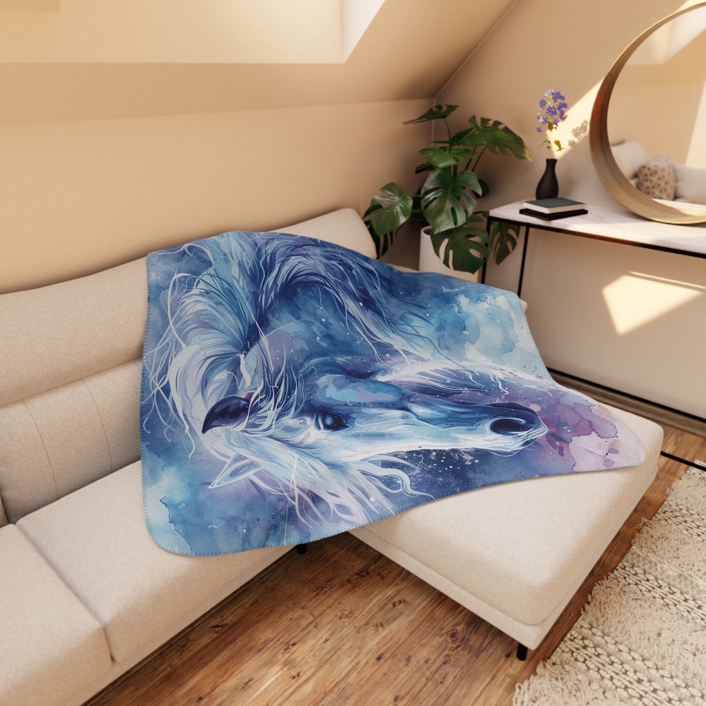 Watercolor Blue Horse Sherpa Blanket — Cozy Tan Fleece Throw for Equestrian Lovers