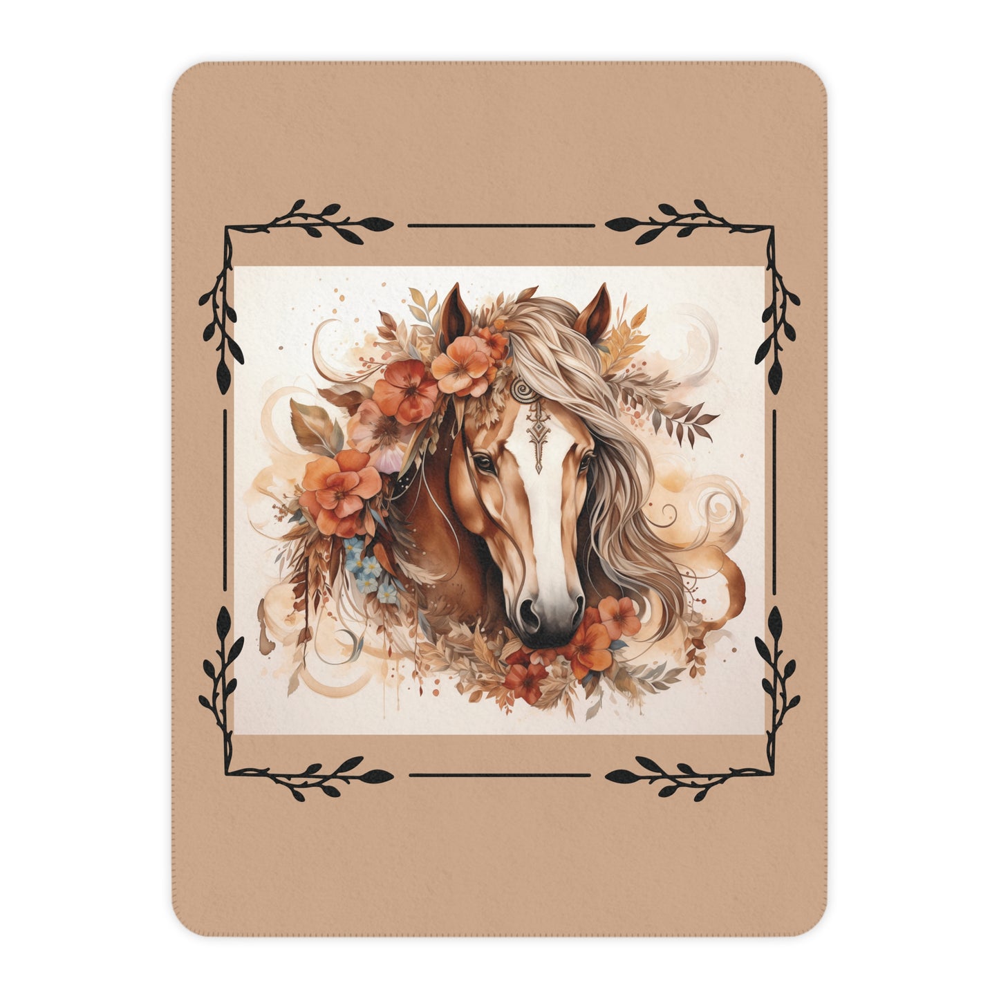 Boho Horse Floral Tan Sherpa Blanket – Cozy Western Throw for Equestrian Lovers