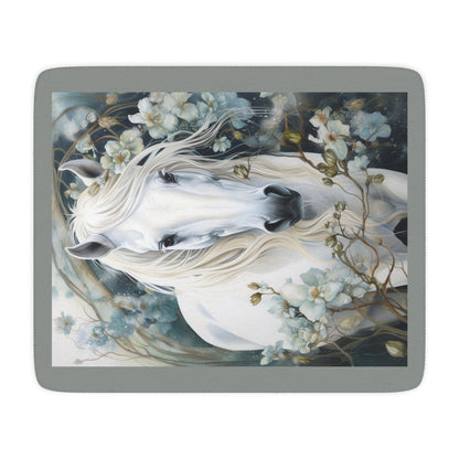 White Horse Floral Sherpa Blanket — Cozy Tan Plush Throw for Horse Lovers