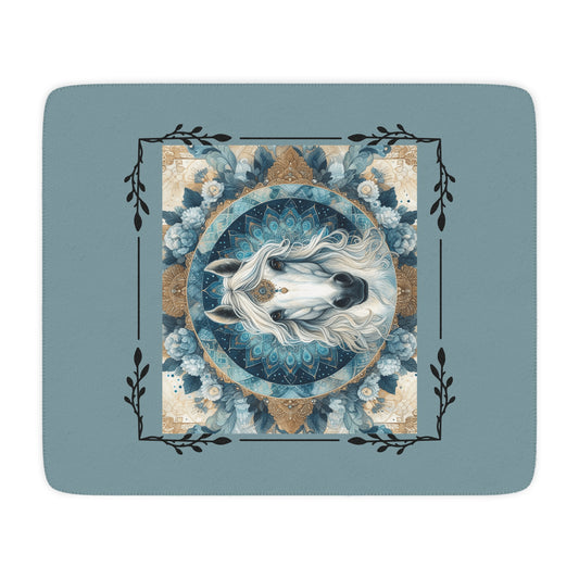 Mystic White Horse Tan Sherpa Blanket — Cozy Boho Horse Mandala Throw