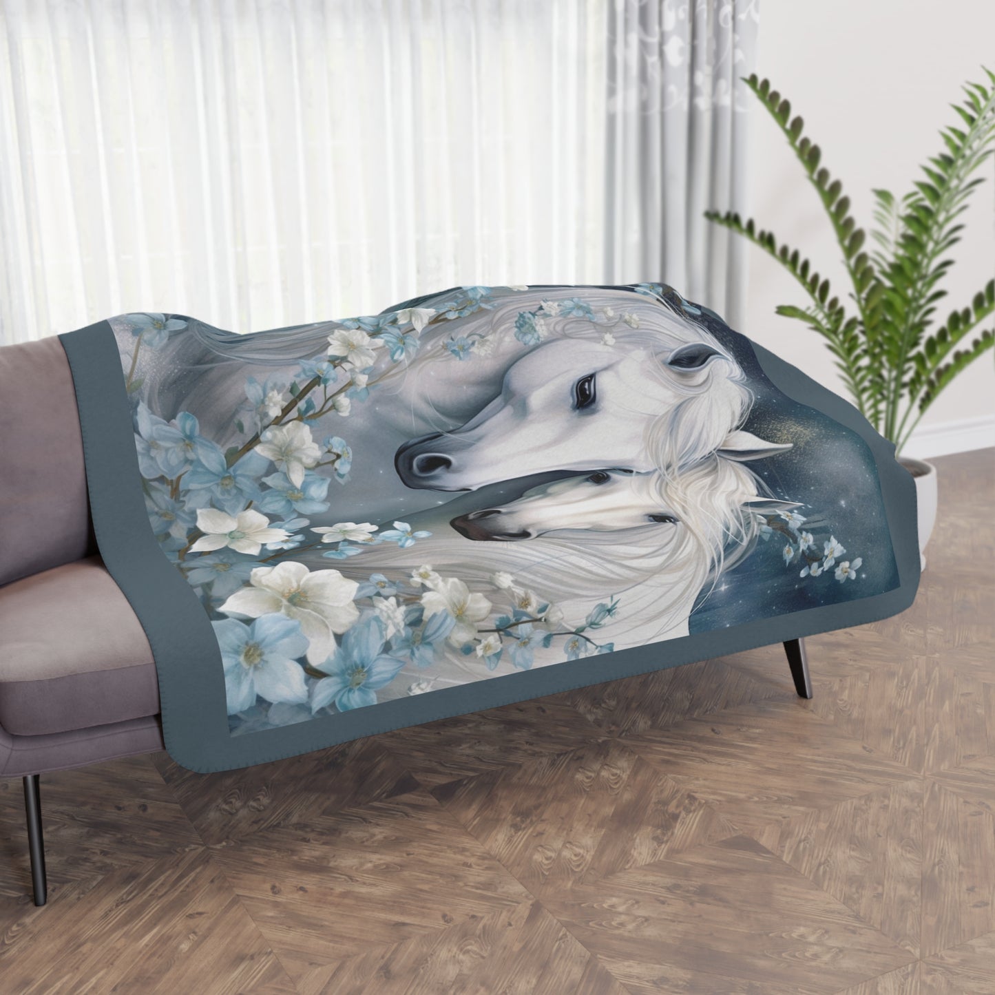 White Horses Floral Throw Blanket — Tan Sherpa Fleece