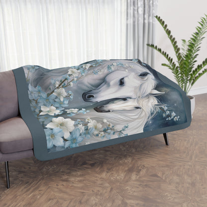 White Horses Floral Throw Blanket — Tan Sherpa Fleece