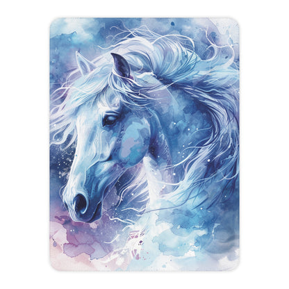 Watercolor Blue Horse Sherpa Blanket — Cozy Tan Fleece Throw for Equestrian Lovers