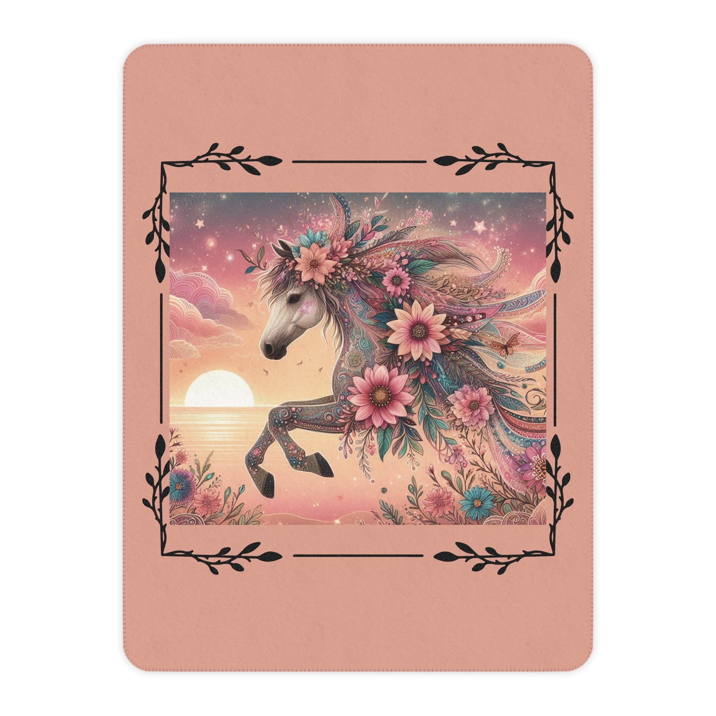 Floral Unicorn Sherpa Blanket — Cozy Tan Plush Throw with Whimsical Flower Mane