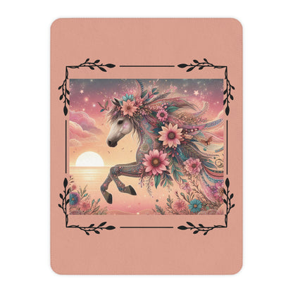 Floral Unicorn Sherpa Blanket — Cozy Tan Plush Throw with Whimsical Flower Mane
