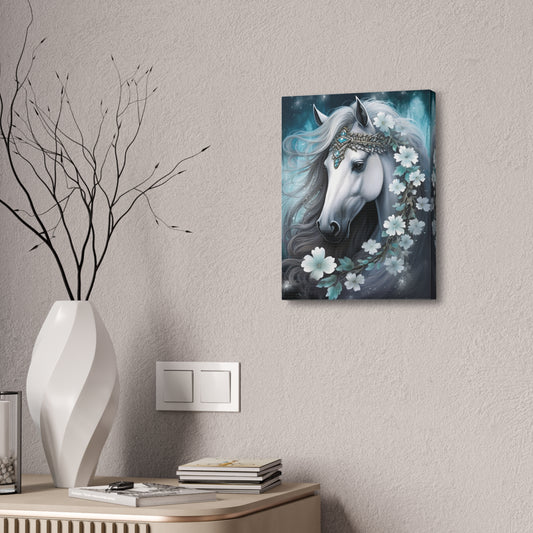 White Fantasy Horse Canvas Wall Art — Majestic Floral Unicorn Portrait