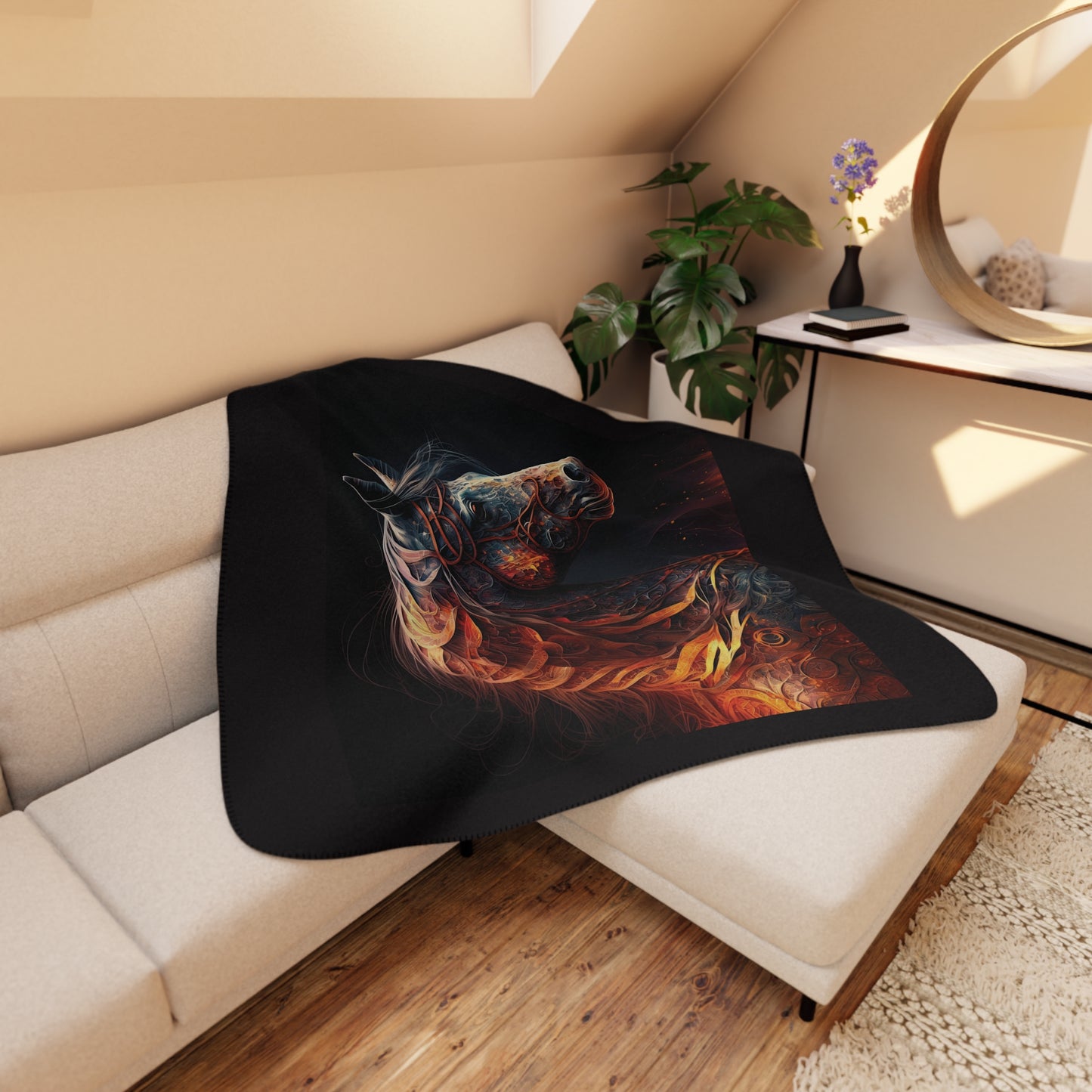 Flaming Horse Sherpa Blanket — Cozy Tan Plush Throw with Fiery Stallion Art