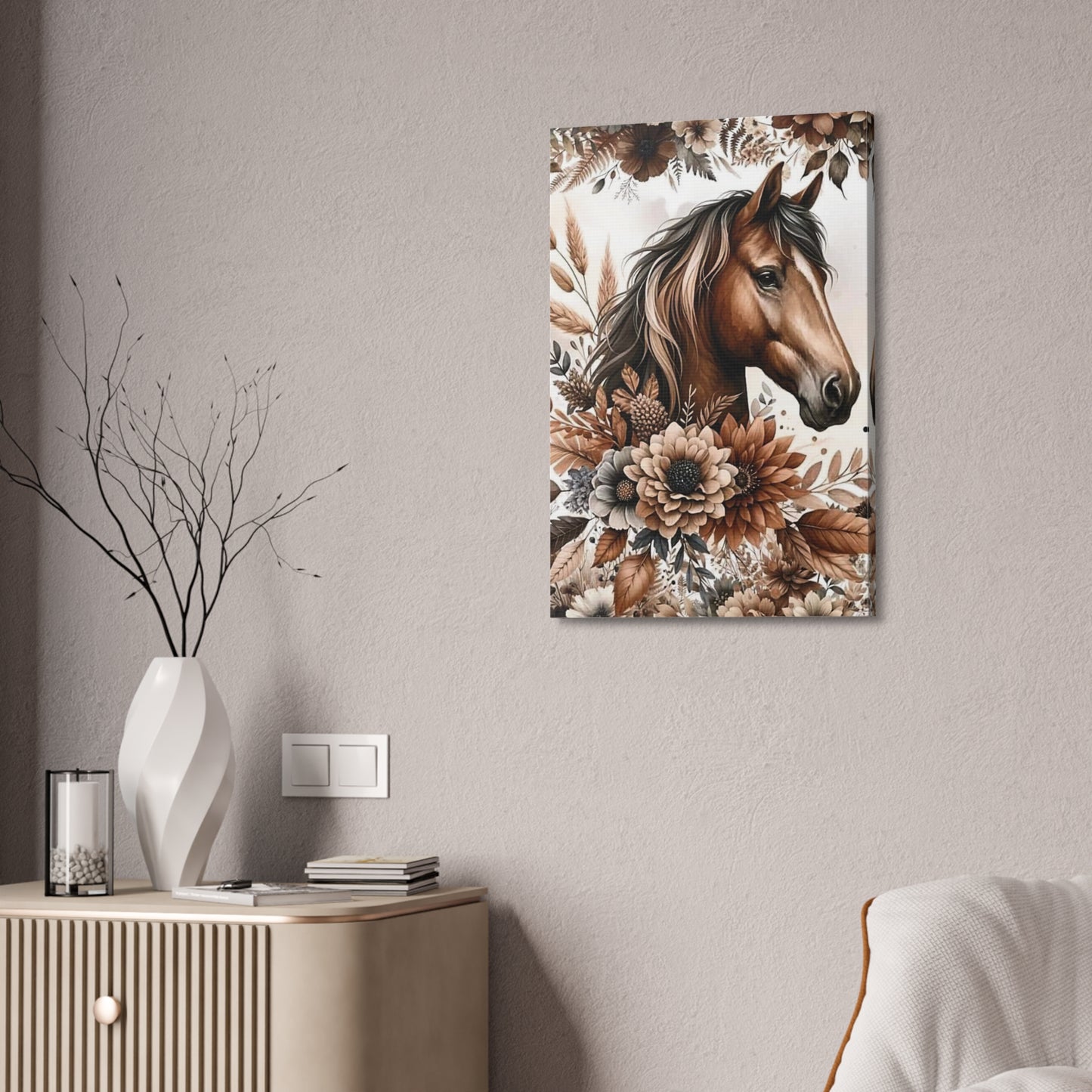 Brown Horse Floral Canvas Wall Art – Stretched 1.5"