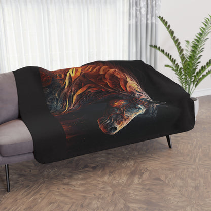 Flaming Horse Sherpa Blanket — Cozy Tan Plush Throw with Fiery Stallion Art