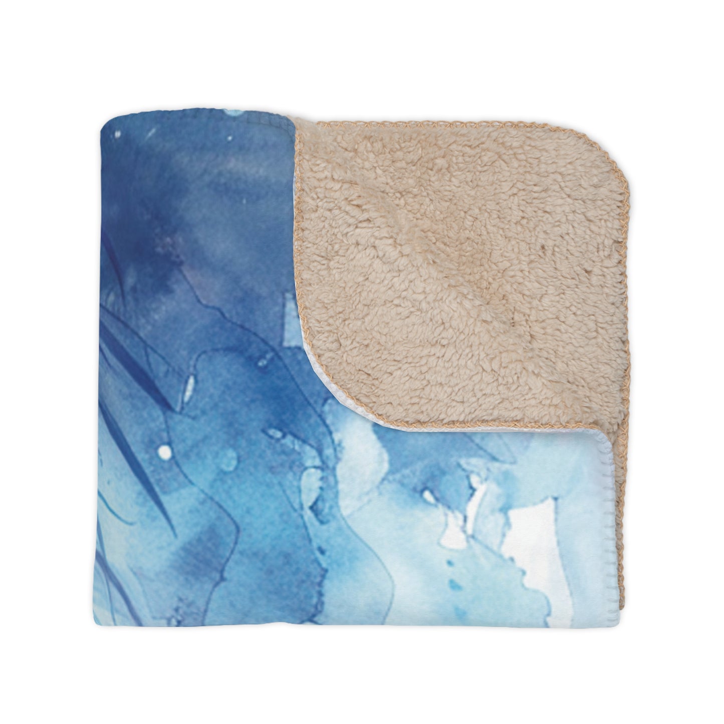 Watercolor Blue Horse Sherpa Blanket — Cozy Tan Fleece Throw for Equestrian Lovers