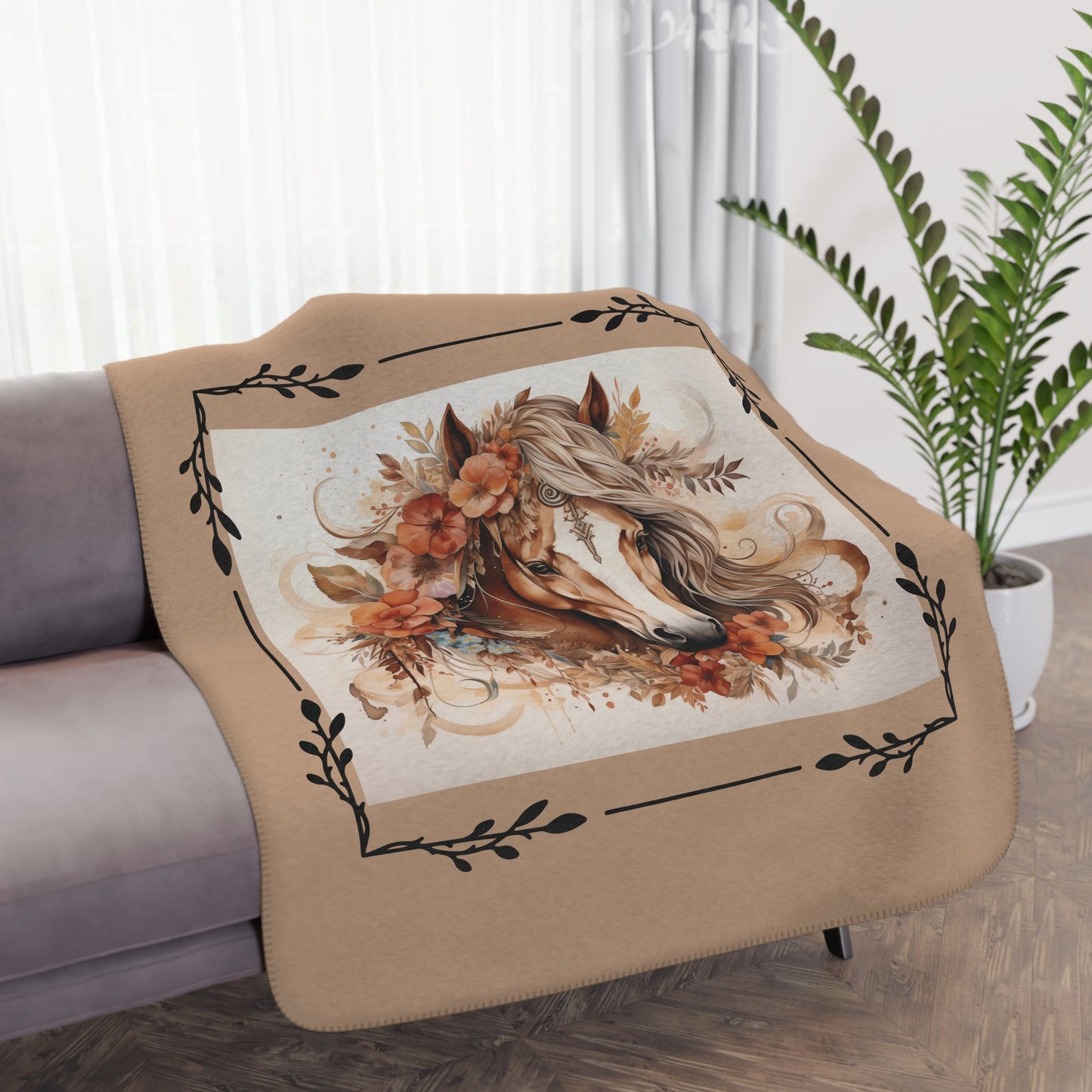 Boho Horse Floral Tan Sherpa Blanket – Cozy Western Throw for Equestrian Lovers