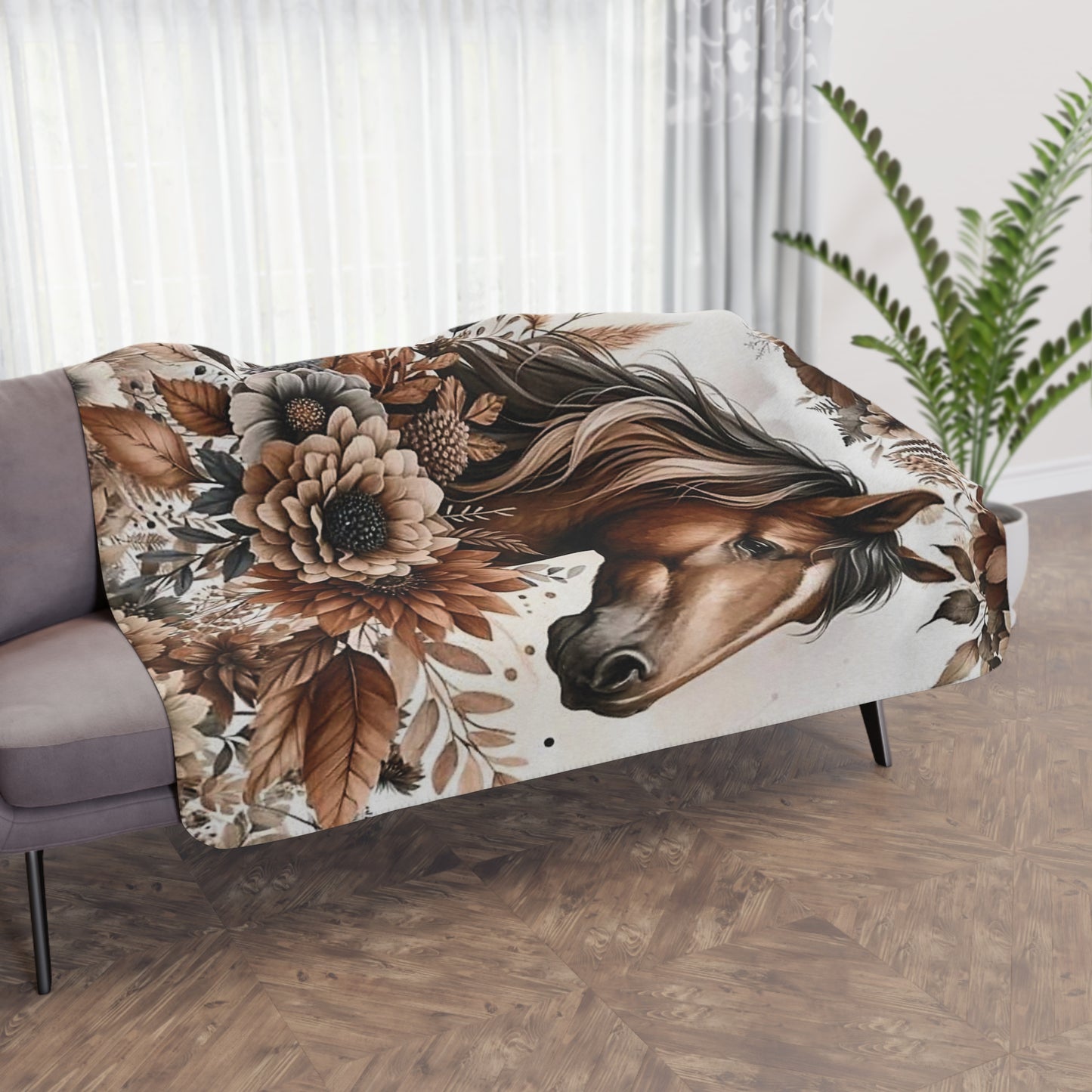 Tan Horse Floral Sherpa Blanket