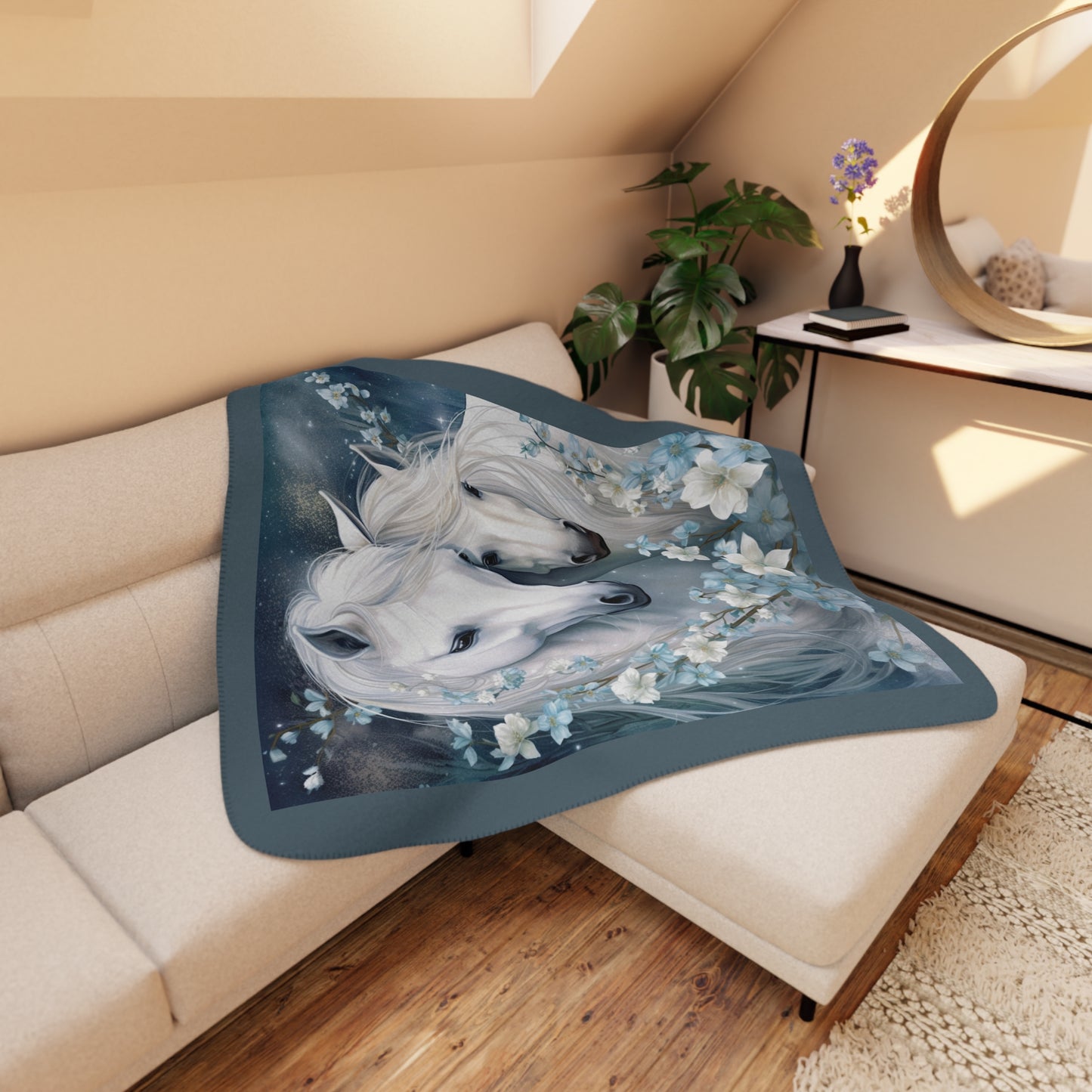 White Horses Floral Throw Blanket — Tan Sherpa Fleece