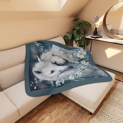 White Horses Floral Throw Blanket — Tan Sherpa Fleece