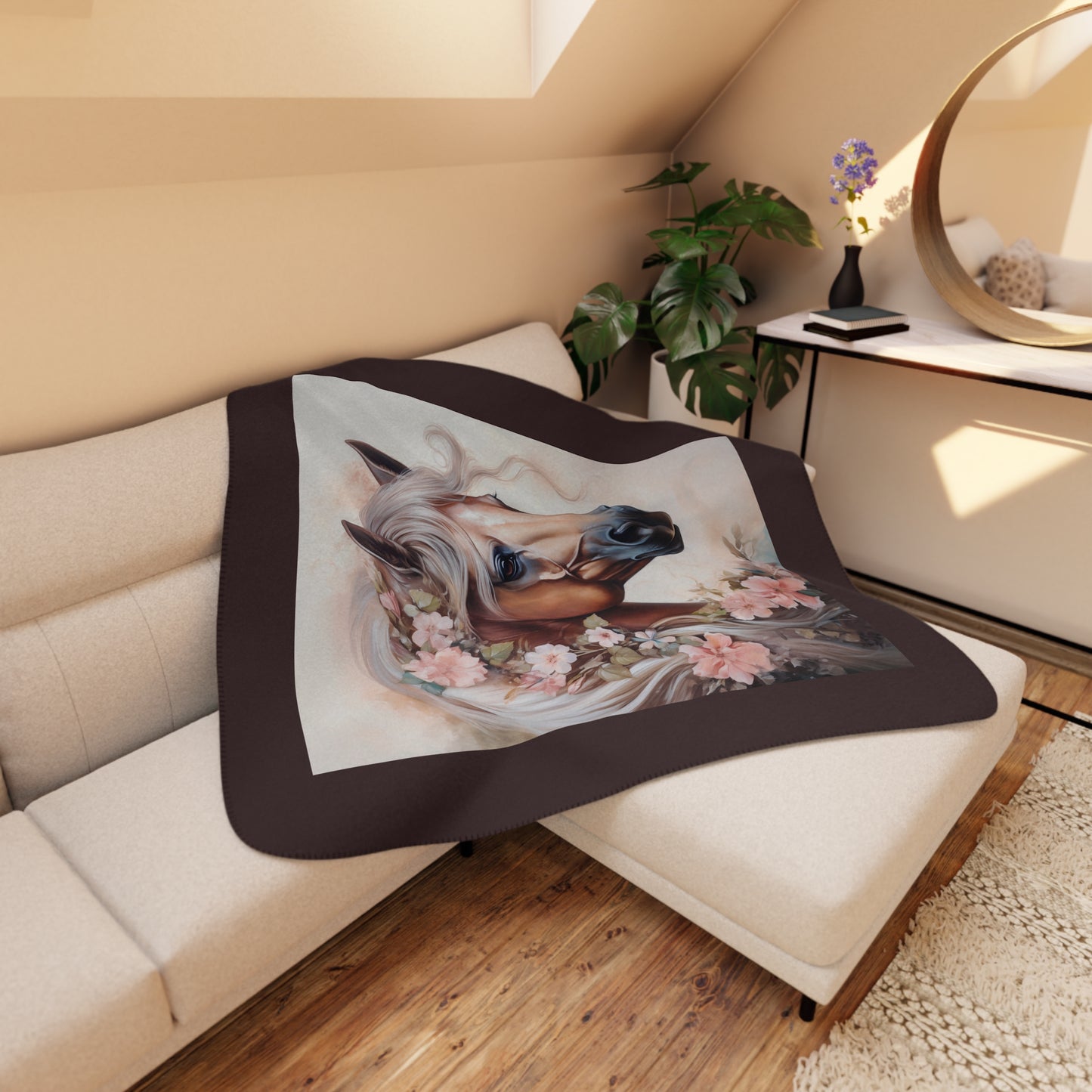 Floral Palomino Horse Tan Sherpa Blanket