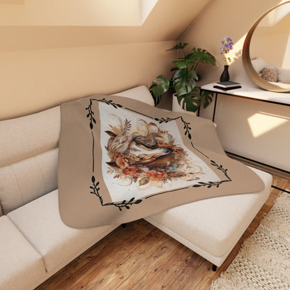 Boho Horse Floral Tan Sherpa Blanket – Cozy Western Throw for Equestrian Lovers