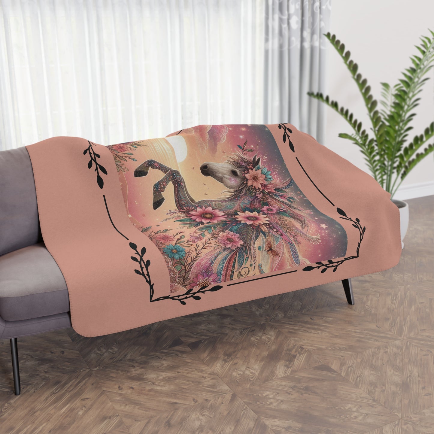 Floral Unicorn Sherpa Blanket — Cozy Tan Plush Throw with Whimsical Flower Mane