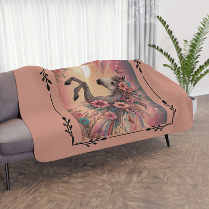 Floral Unicorn Sherpa Blanket — Cozy Tan Plush Throw with Whimsical Flower Mane
