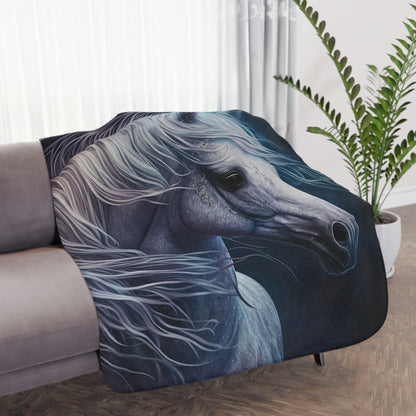 Mystic White Horse Sherpa Blanket — Cozy Tan Plush Throw for Horse Lovers