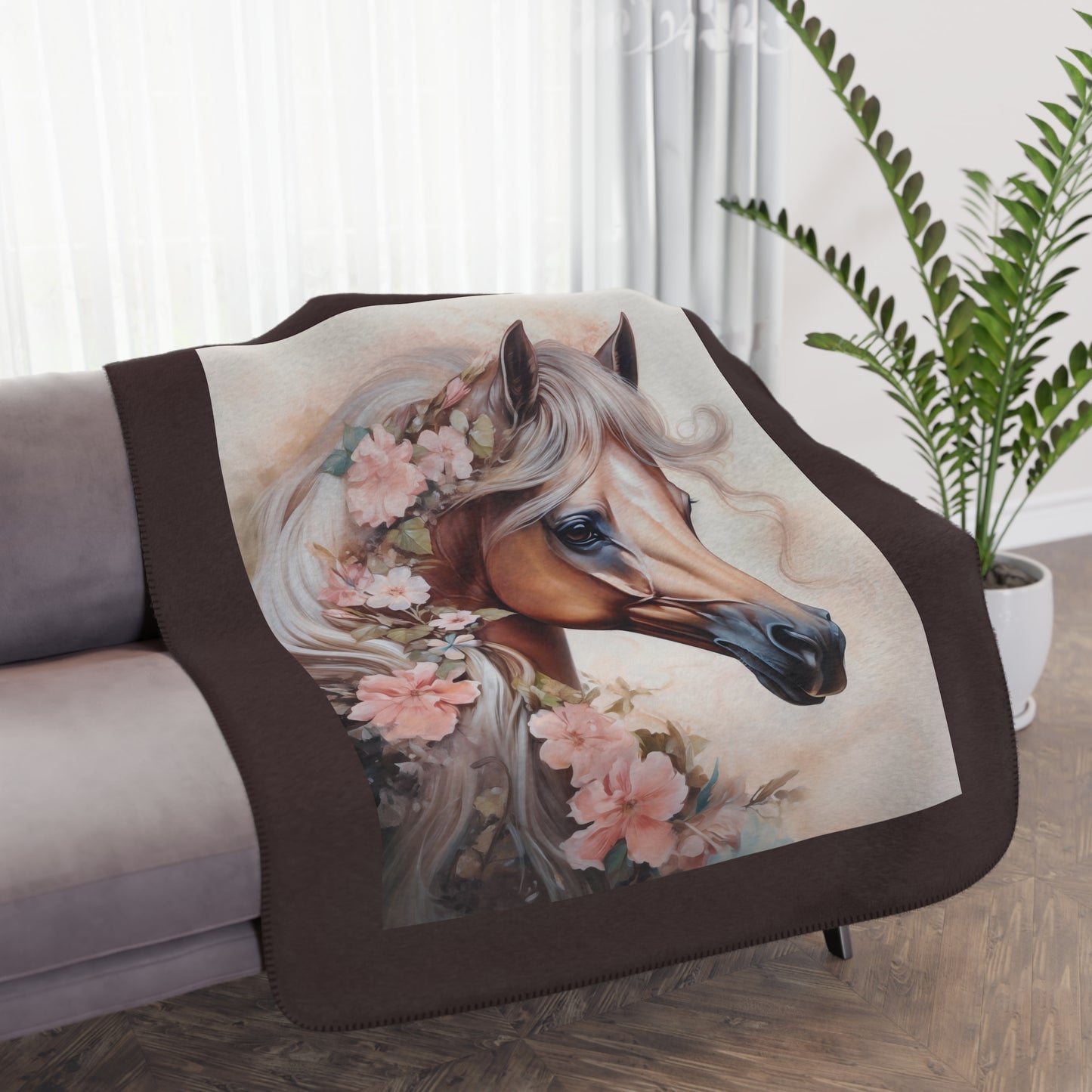Floral Palomino Horse Tan Sherpa Blanket