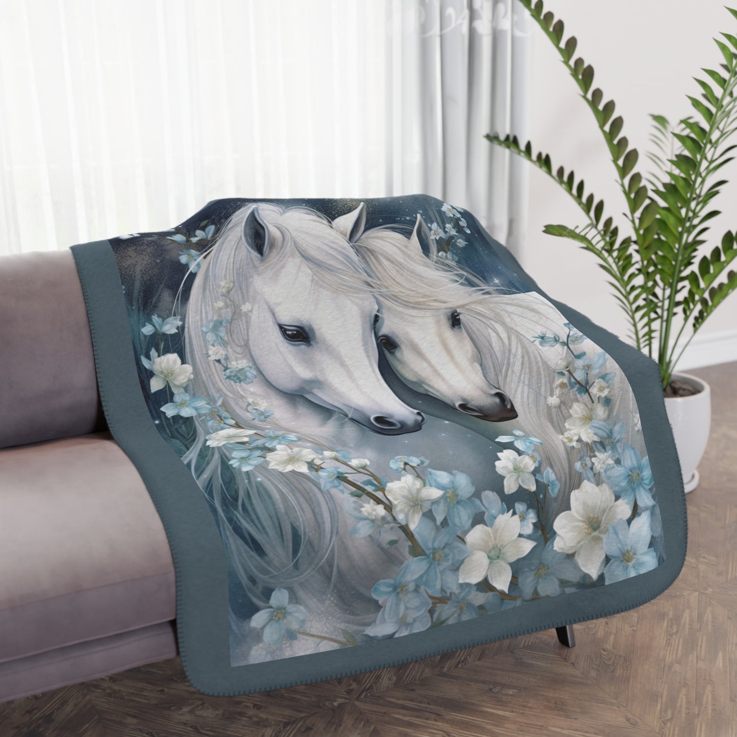 White Horses Floral Throw Blanket — Tan Sherpa Fleece