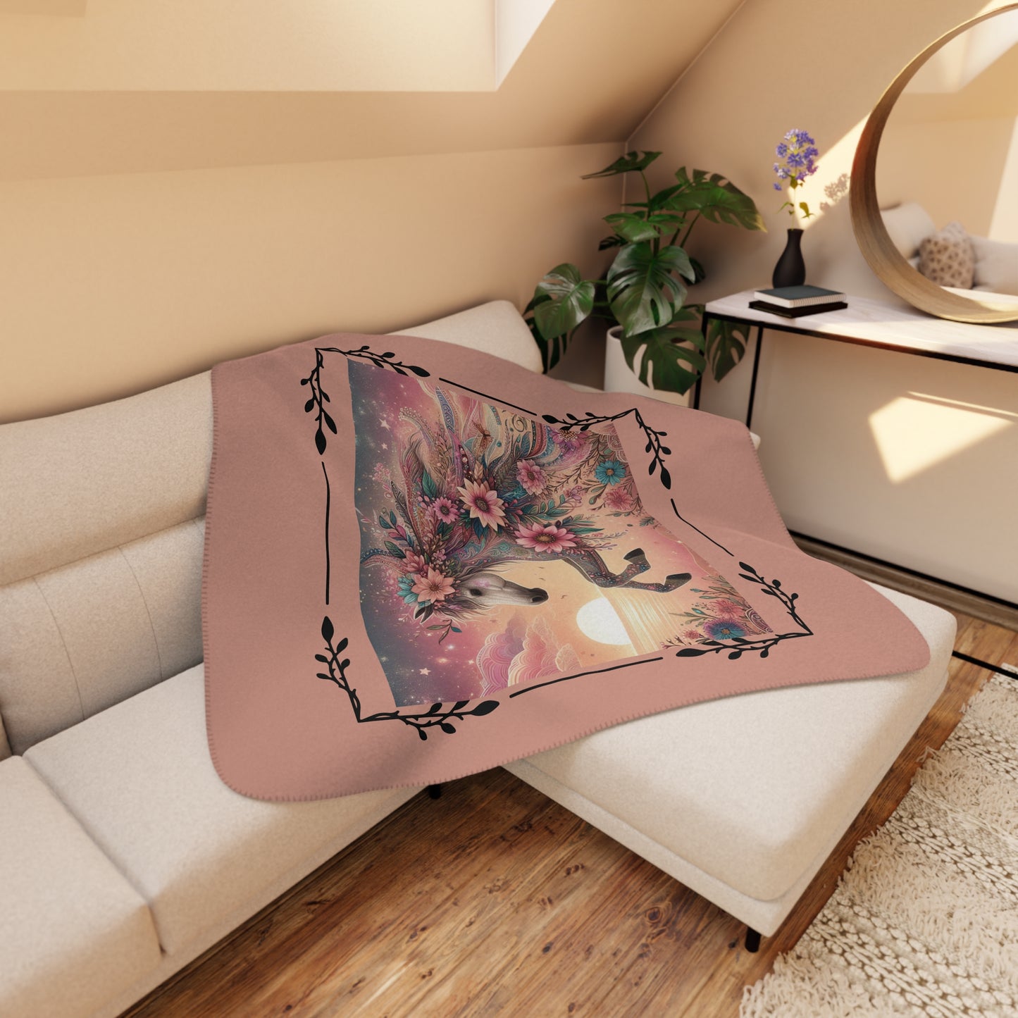 Floral Unicorn Sherpa Blanket — Cozy Tan Plush Throw with Whimsical Flower Mane