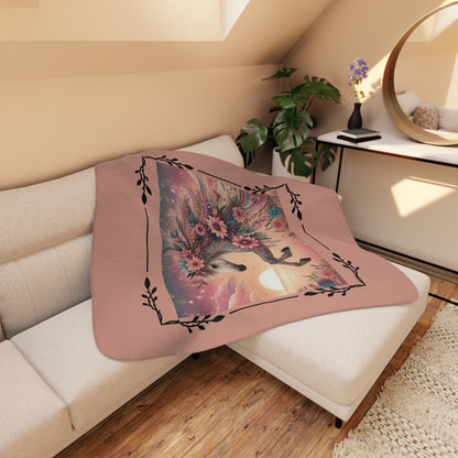 Floral Unicorn Sherpa Blanket — Cozy Tan Plush Throw with Whimsical Flower Mane