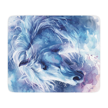 Watercolor Blue Horse Sherpa Blanket — Cozy Tan Fleece Throw for Equestrian Lovers