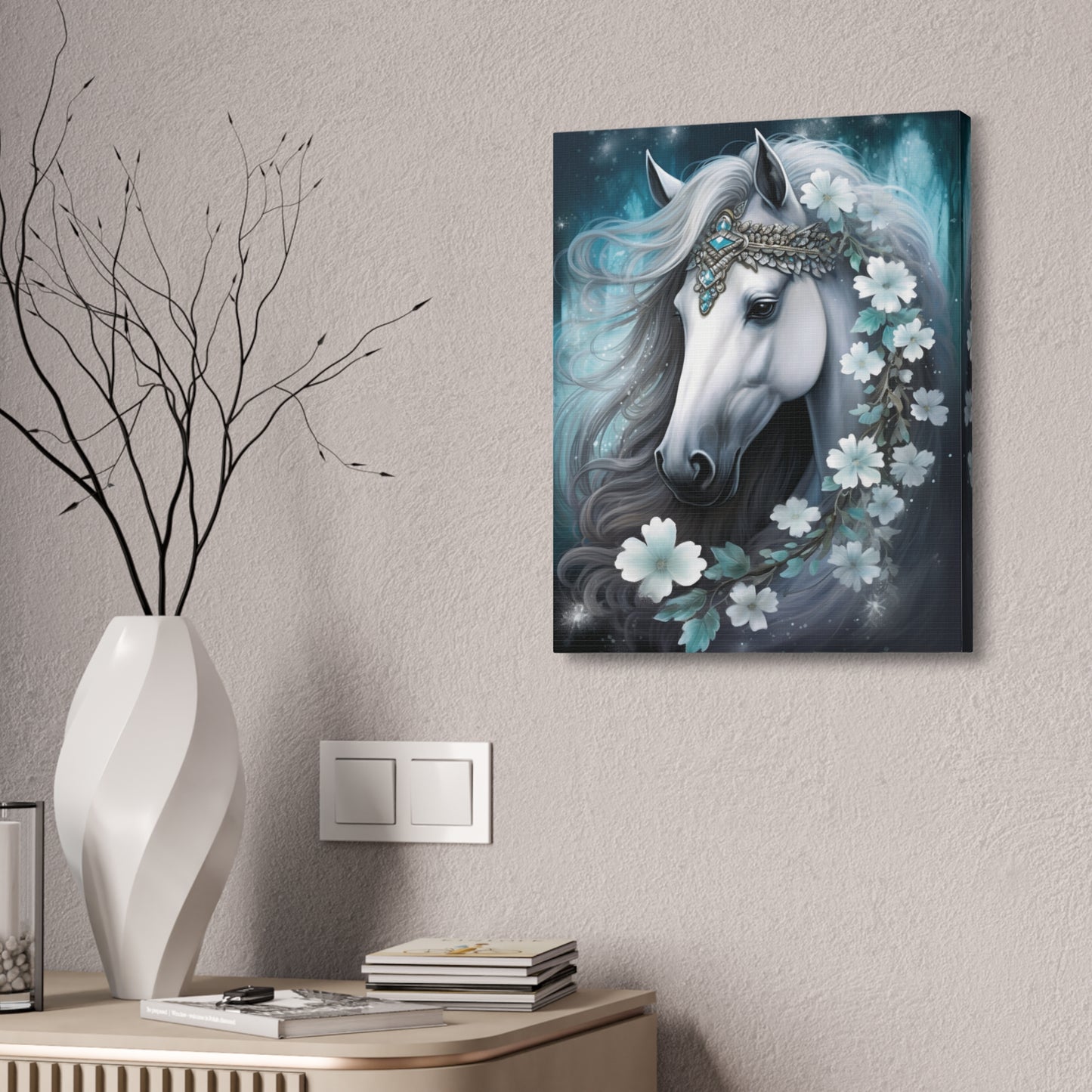 White Fantasy Horse Canvas Wall Art — Majestic Floral Unicorn Portrait