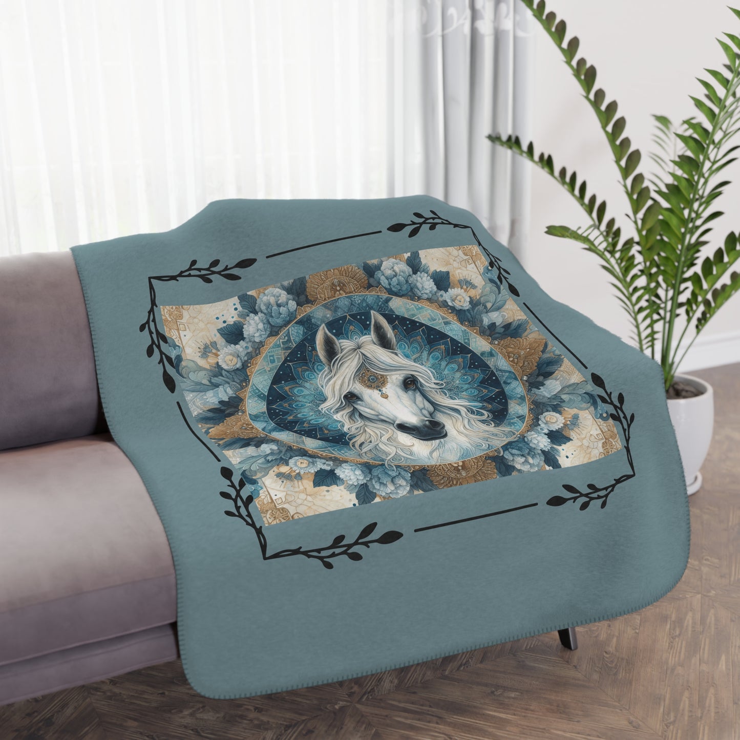 Mystic White Horse Tan Sherpa Blanket — Cozy Boho Horse Mandala Throw