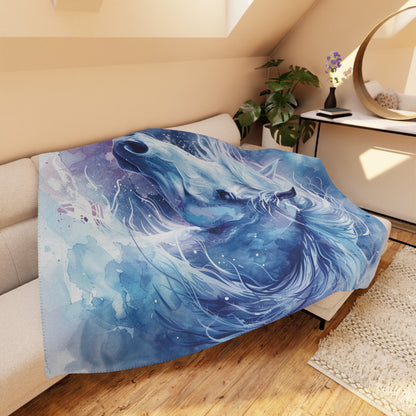 Watercolor Blue Horse Sherpa Blanket — Cozy Tan Fleece Throw for Equestrian Lovers
