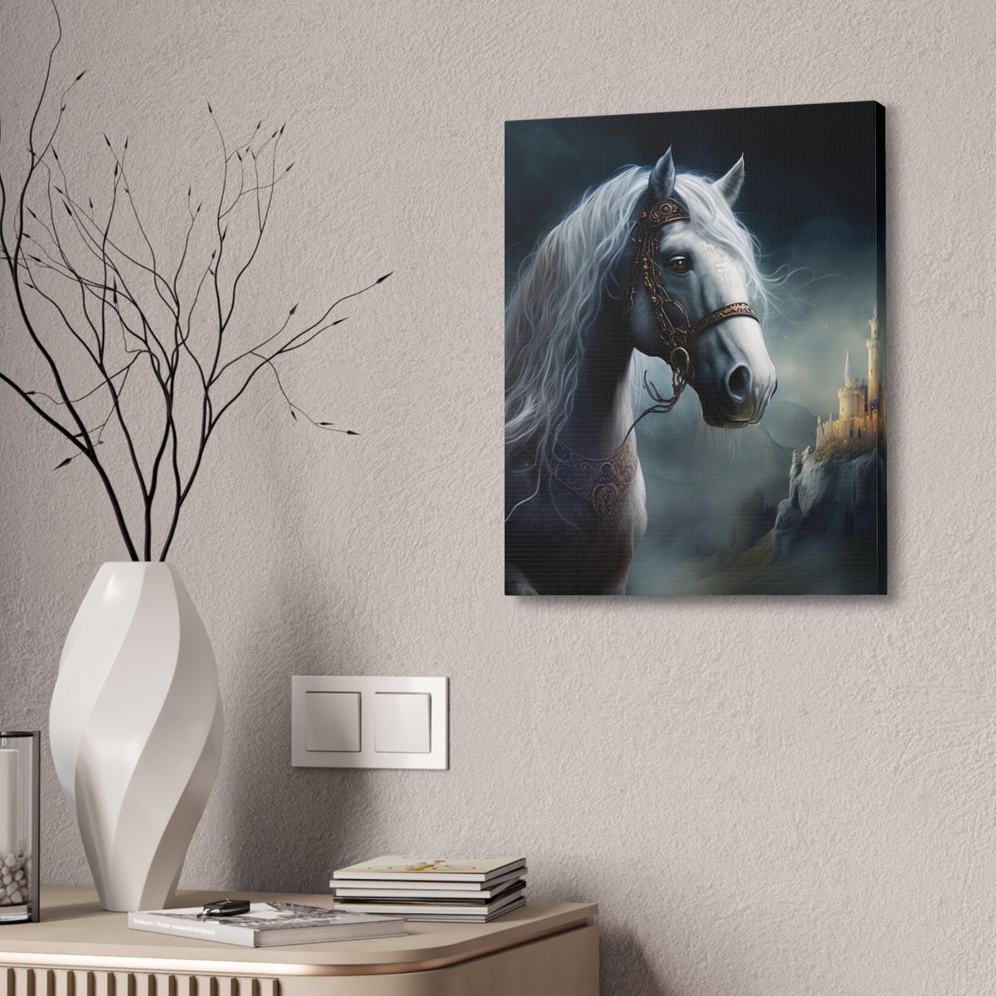 Mystic White Stallion Canvas Art — Fantasy Horse Portrait Stretched 1.5"