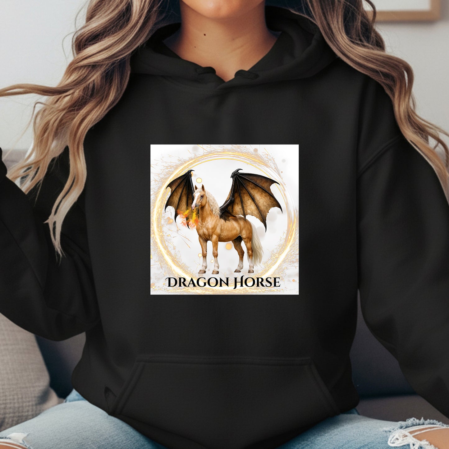 Palomino Winged Dragon Horse Fantasy Equestrian Illustration Unisex Heavy Blend Hooded Sweatshirt