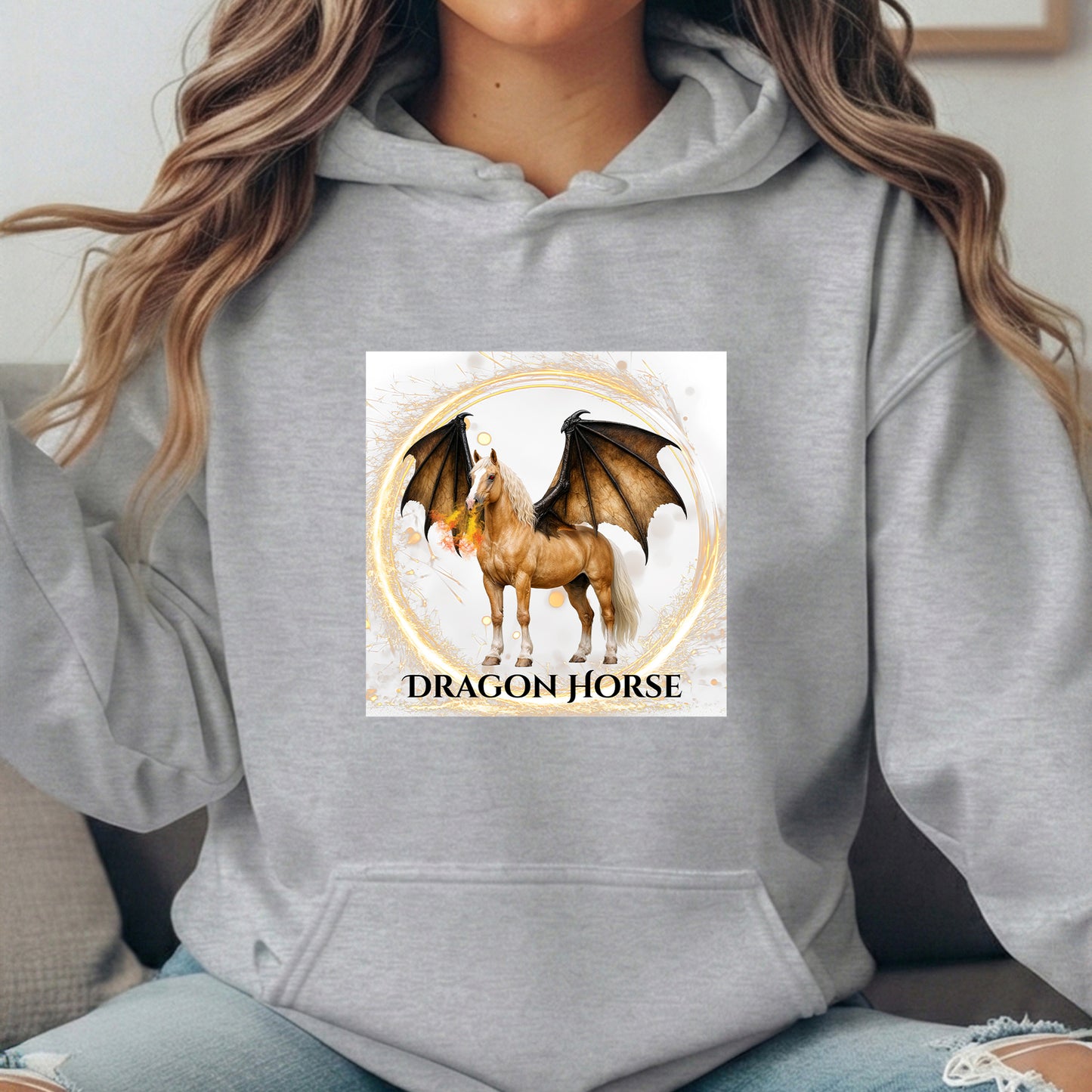 Palomino Winged Dragon Horse Fantasy Equestrian Illustration Unisex Heavy Blend Hooded Sweatshirt