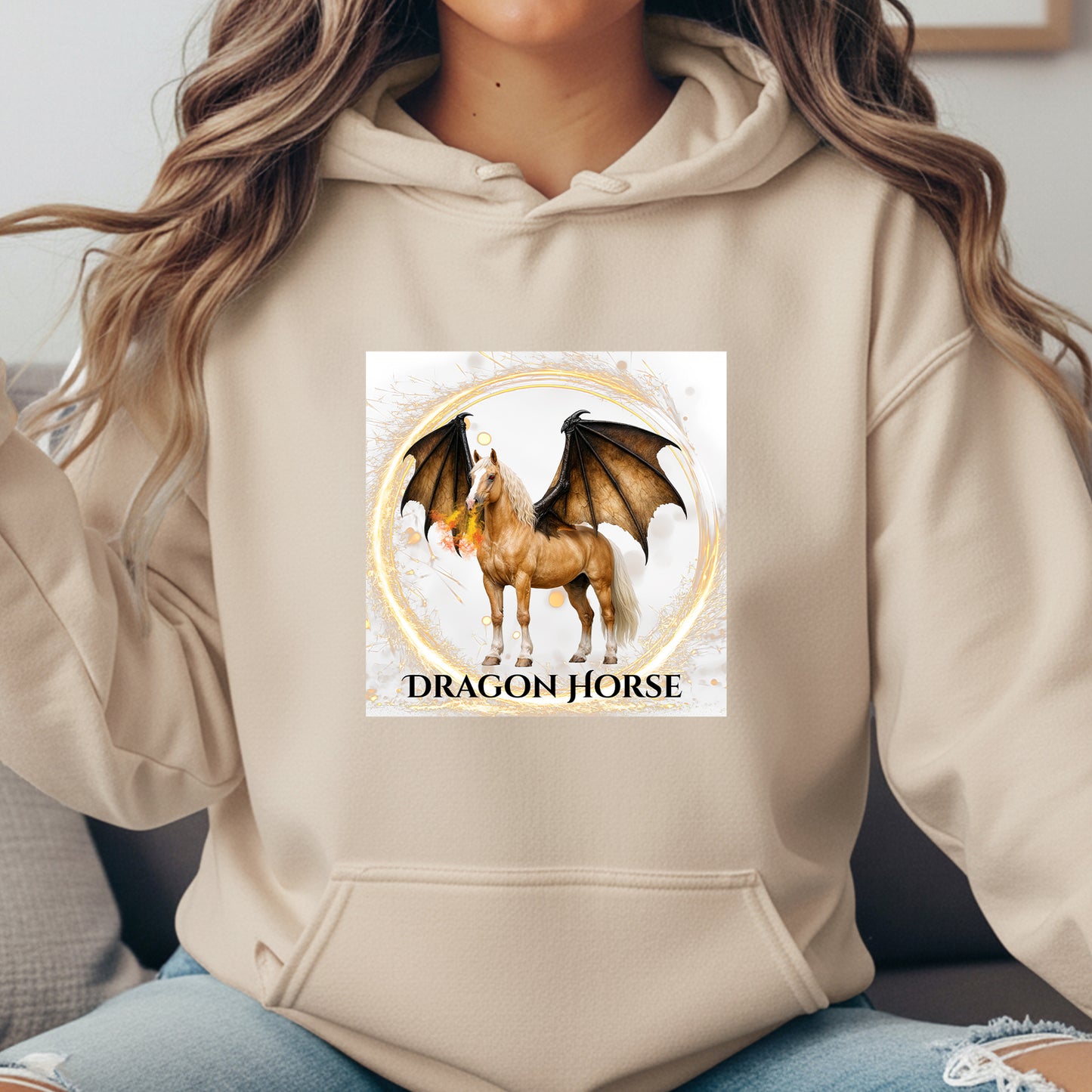 Palomino Winged Dragon Horse Fantasy Equestrian Illustration Unisex Heavy Blend Hooded Sweatshirt