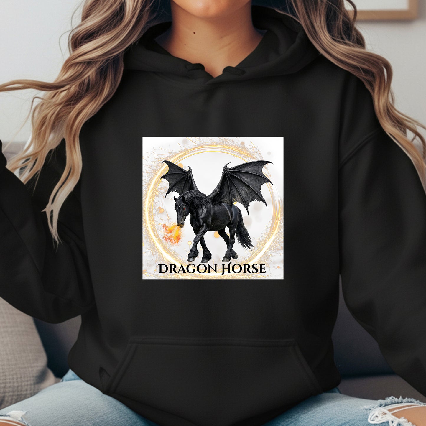 Black Winged Dragon Horse Fire Breathing Fantasy Equestrian Unisex Heavy Blend Hooded Sweatshirt