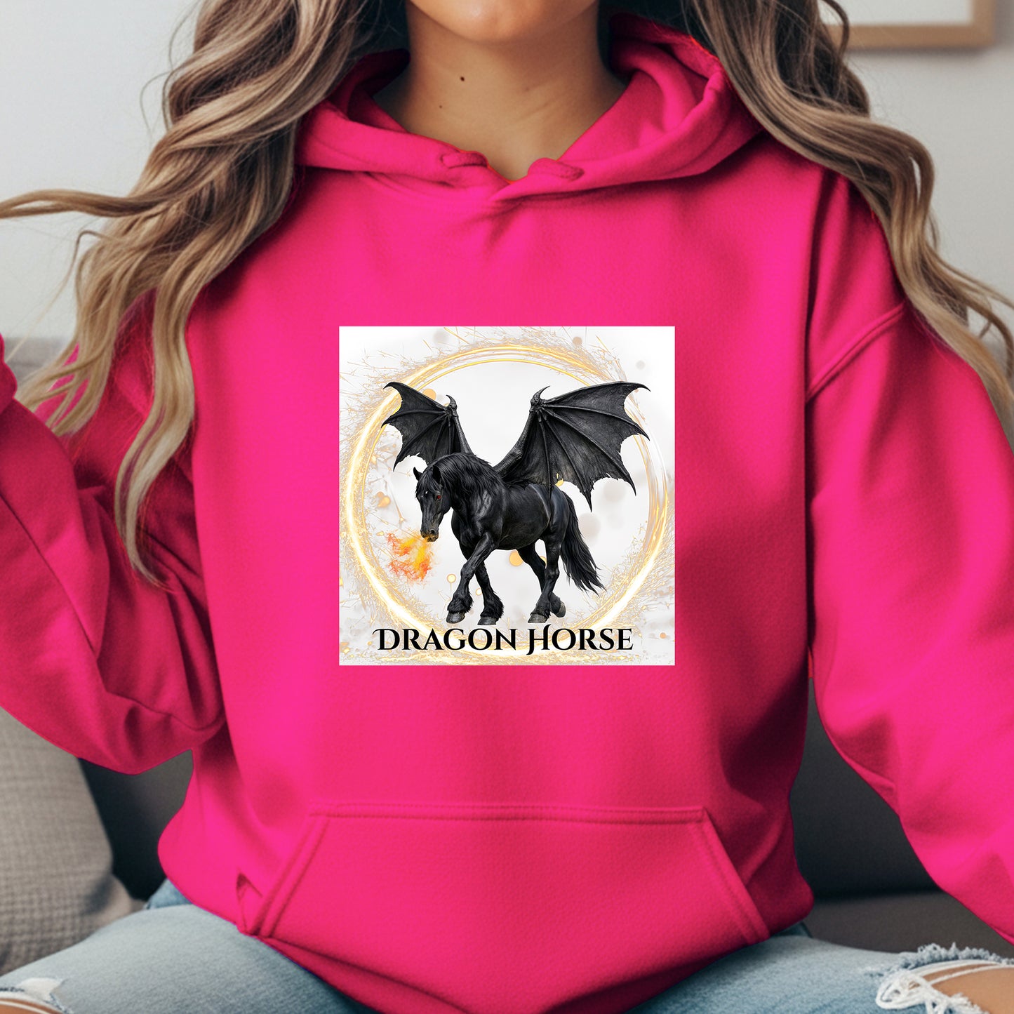 Black Winged Dragon Horse Fire Breathing Fantasy Equestrian Unisex Heavy Blend Hooded Sweatshirt