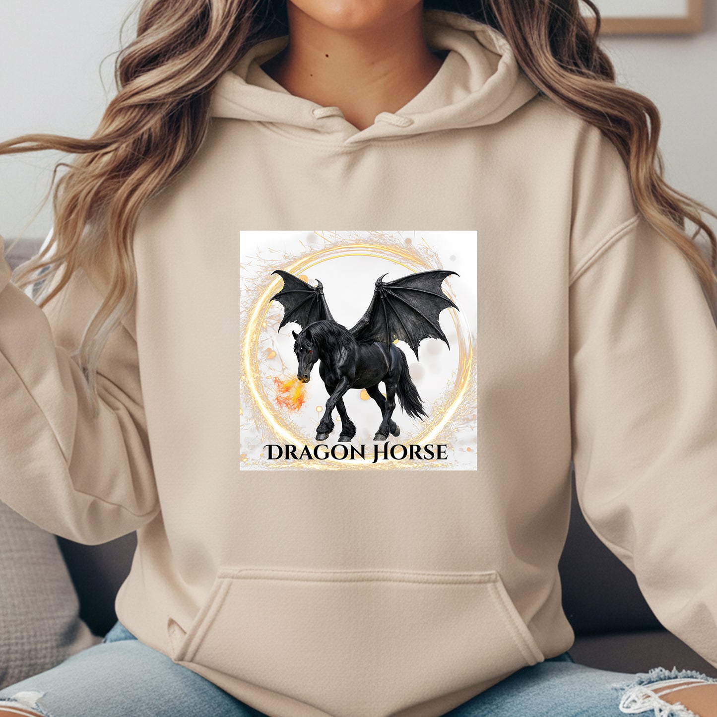 Black Winged Dragon Horse Fire Breathing Fantasy Equestrian Unisex Heavy Blend Hooded Sweatshirt